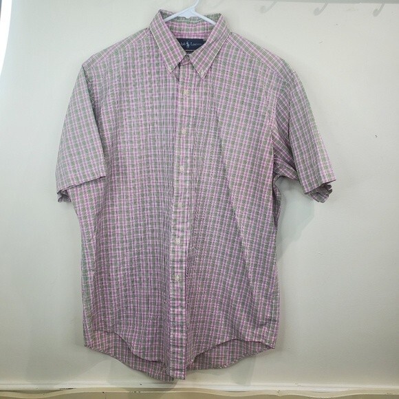 Ralph Lauren pink & green plaid short sleeve button up classic fit cotton large - Picture 1 of 7